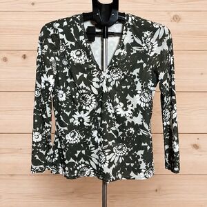 Liz Claiborne Women's Medium Black White Floral Long Sleeve V-Neck Mesh Top